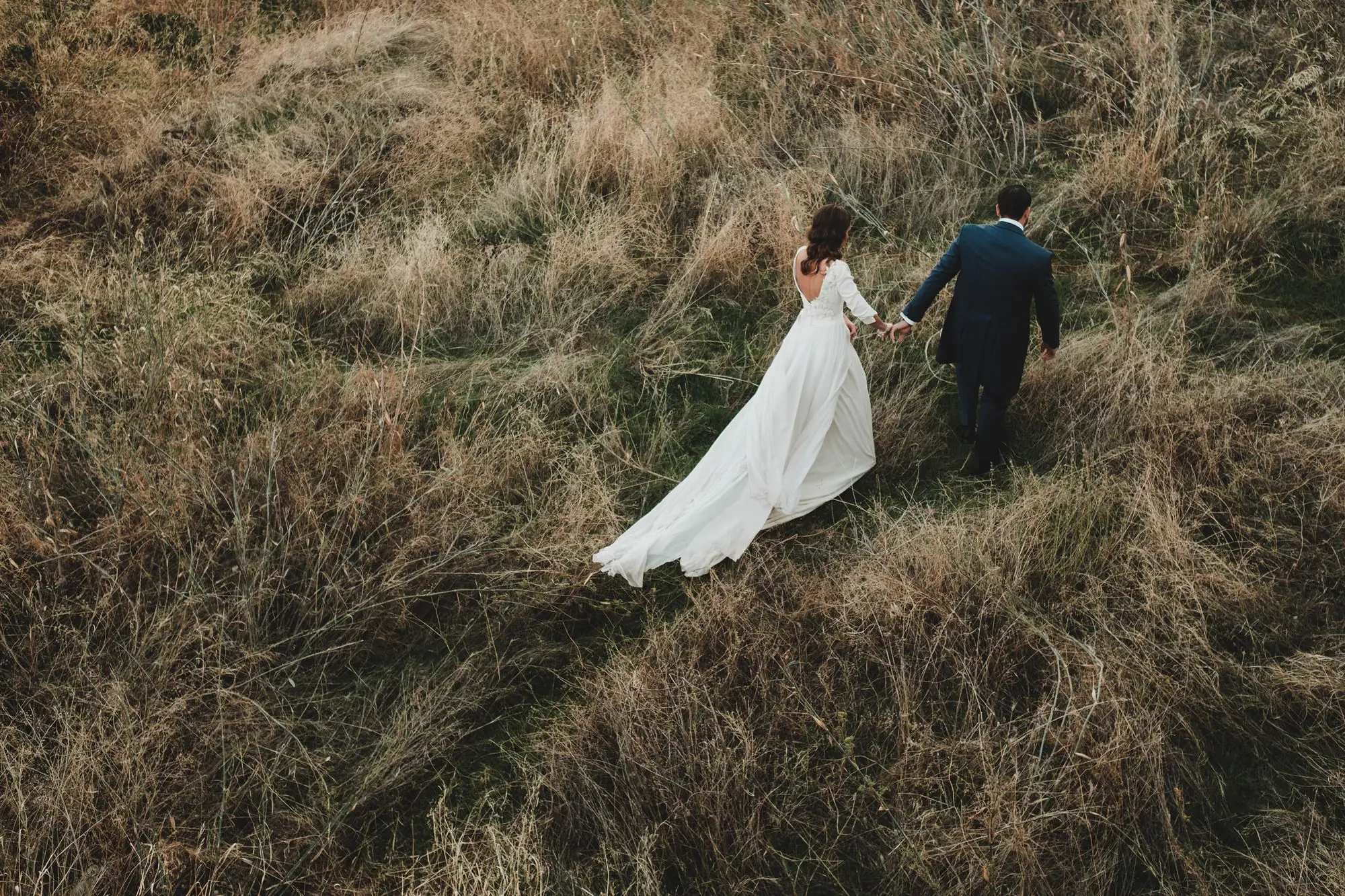 Los novios caminando de la mano entre la hierba alta, vistos desde arriba